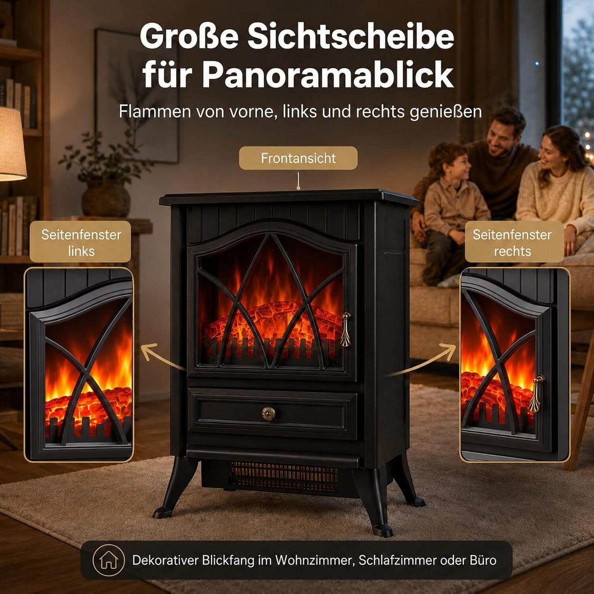 Garvee Freistehender Elektrokamin mit 3-seitiger Sicht, 900/1800 W Heizung, 3D-Multicolor-Flamme & Thermostat – mobil aufstellbar