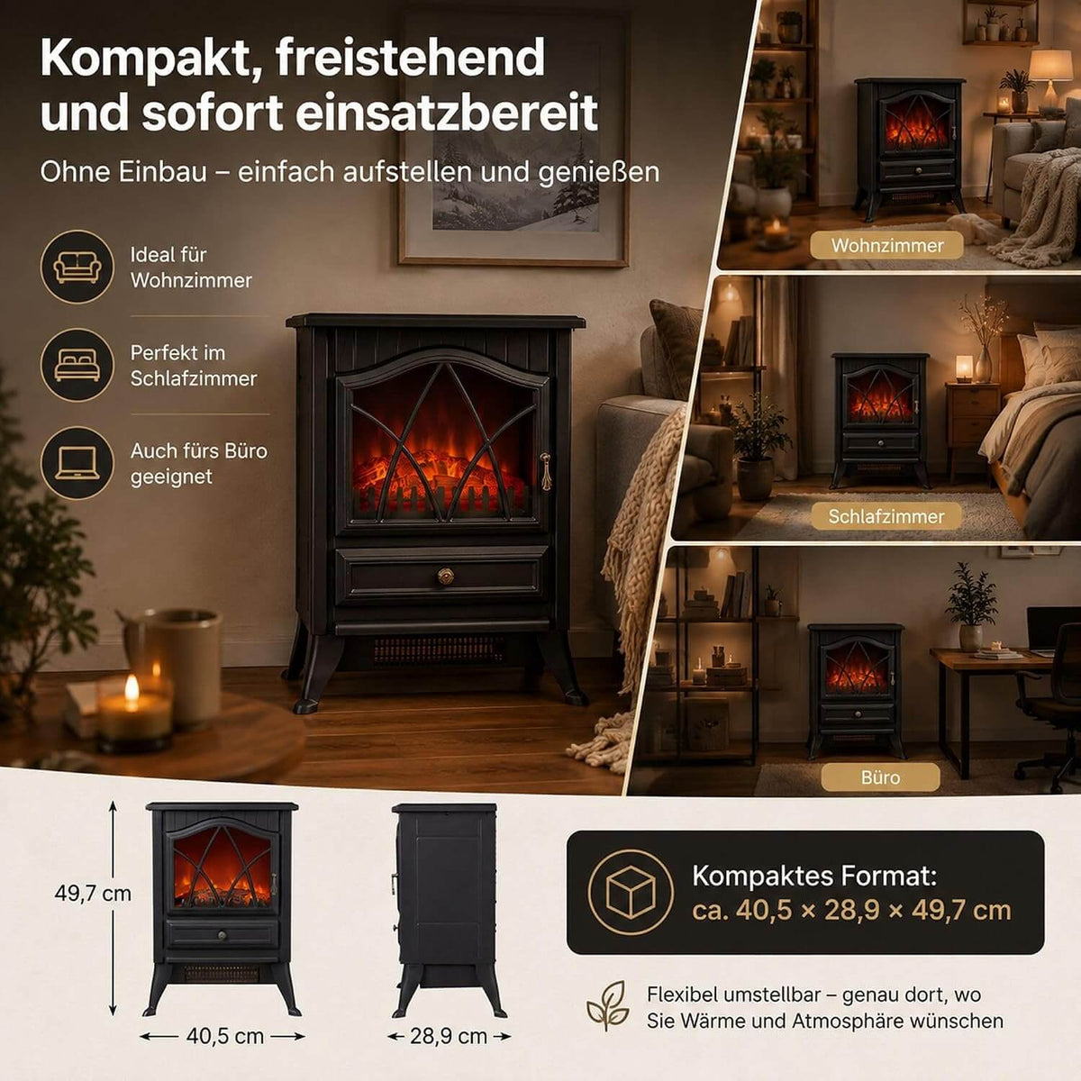 Garvee Freistehender Elektrokamin mit 3-seitiger Sicht, 900/1800 W Heizung, 3D-Multicolor-Flamme & Thermostat – mobil aufstellbar