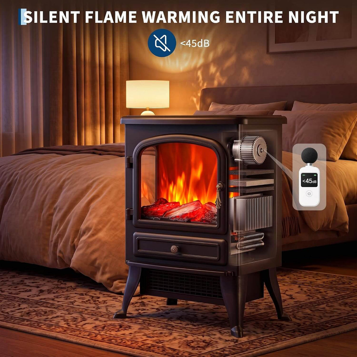 Garvee Freistehender Elektrokamin mit 3-seitiger Sicht, 900/1800 W Heizung, 3D-Multicolor-Flamme & Thermostat – mobil aufstellbar