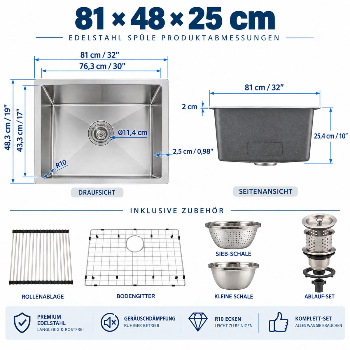 Garvee Unterbauspüle 81 × 48 × 25 cm Edelstahl, Workstation Spüle mit Abtropfmatte, Bodengitter & Siebkorb