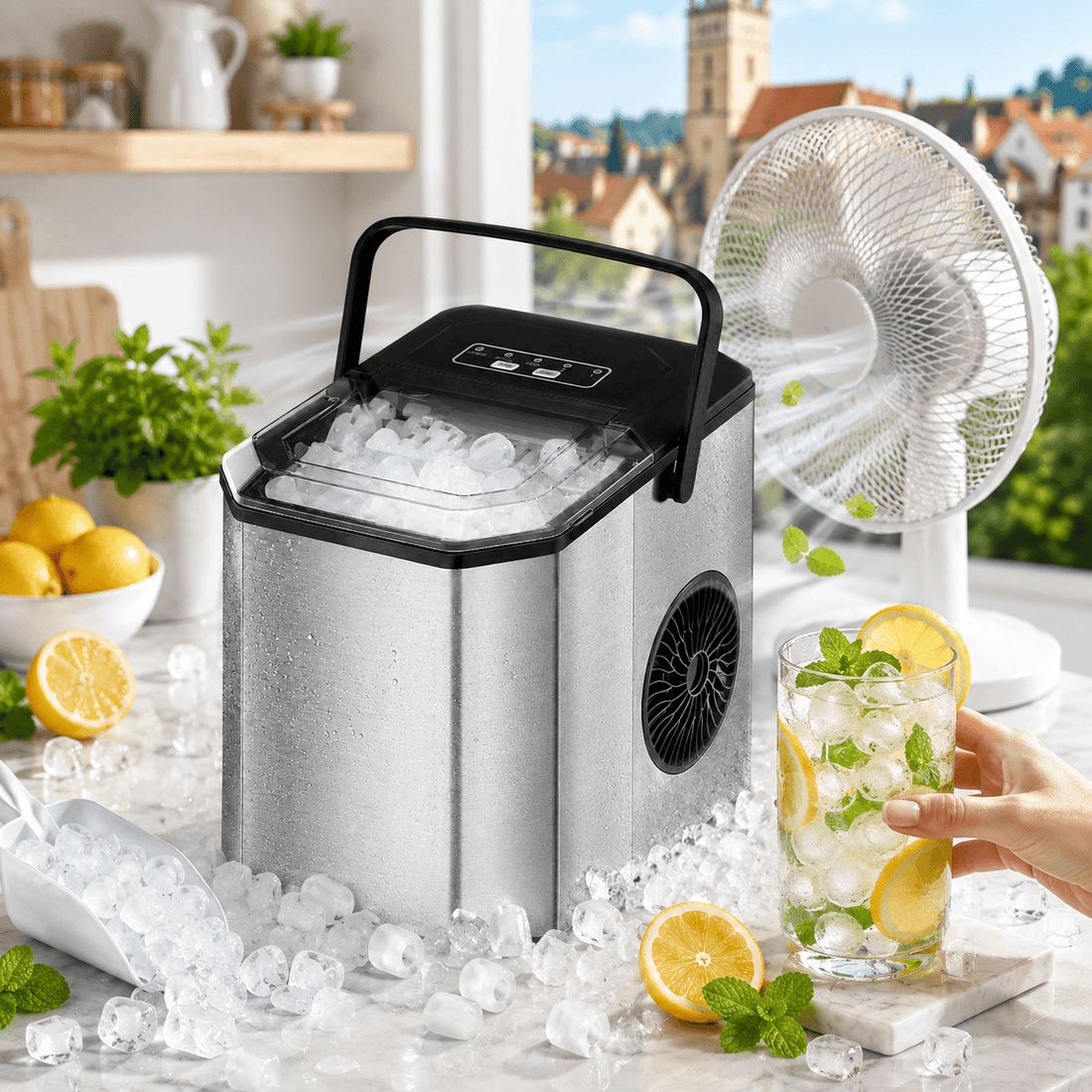 GARVEE Eiswürfelmaschine 26lbs/24h – 9 Eiswürfel in 6 Min, Edelstahl, Selbstreinigung, inkl. Eisschaufel & Korb für Party, Büro, Bar, Wohnmobil