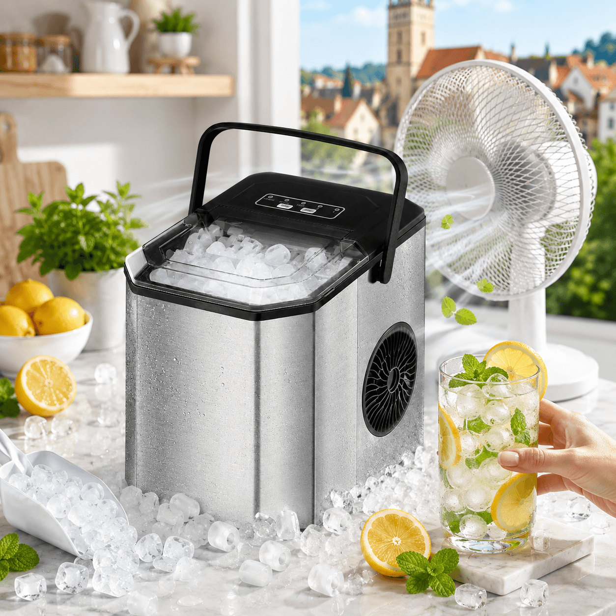 GARVEE Eiswürfelmaschine 26lbs/24h – 9 Eiswürfel in 6 Min, Edelstahl, Selbstreinigung, inkl. Eisschaufel & Korb für Party, Büro, Bar, Wohnmobil