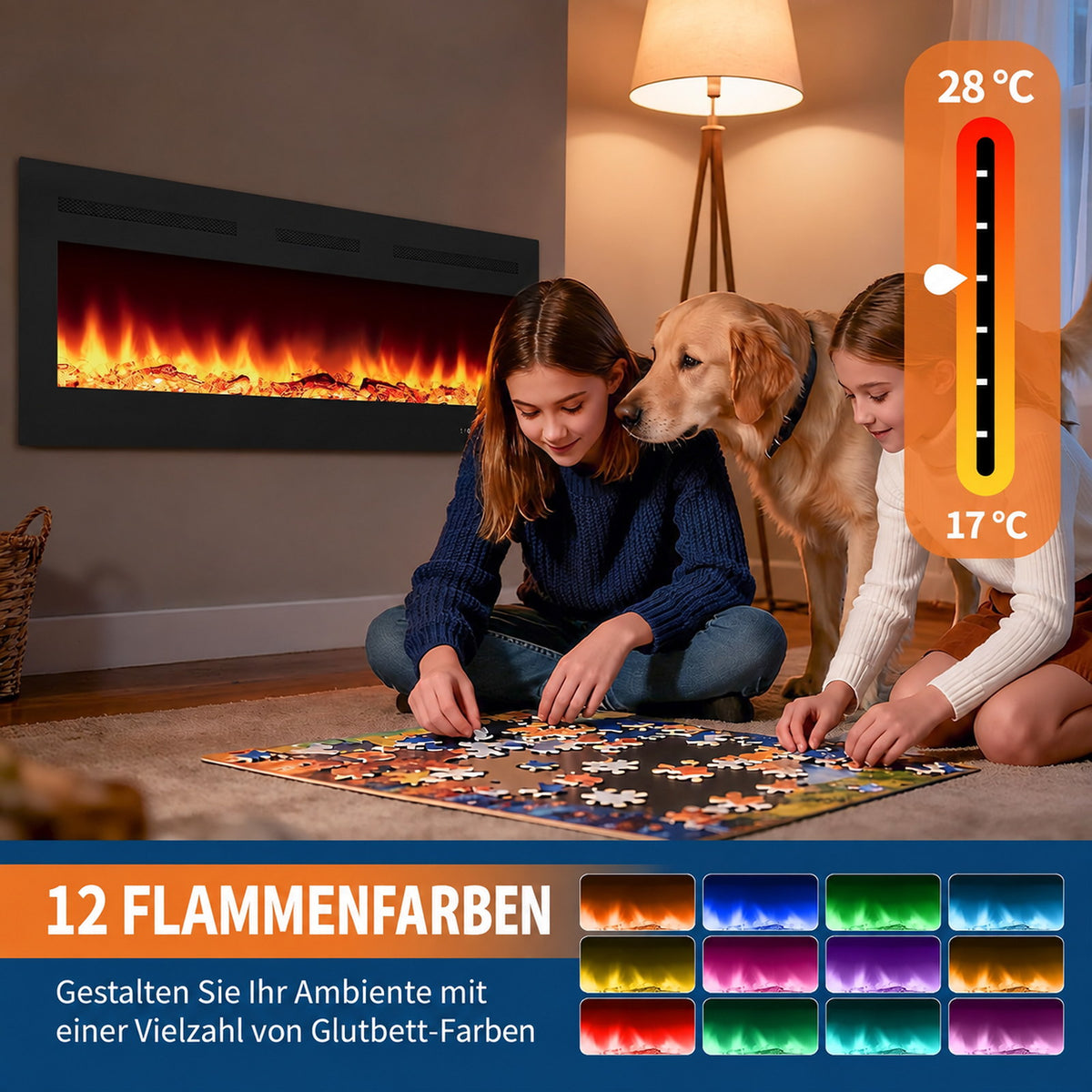 Garvee 127cm Elektrokamin mit Heizung, 900W/1800W, 12 Flammenfarben, Fernbedienung & App, Wand-/Einbau-/Standkamin, Schwarz