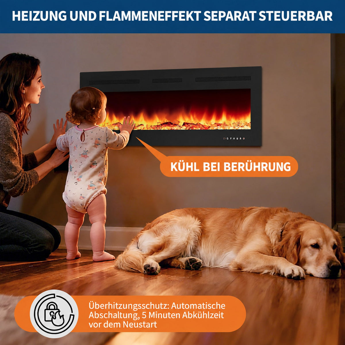 Garvee 127cm Elektrokamin mit Heizung, 900W/1800W, 12 Flammenfarben, Fernbedienung & App, Wand-/Einbau-/Standkamin, Schwarz