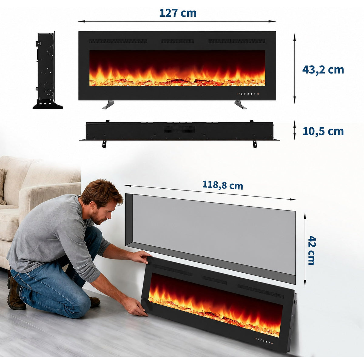 Garvee 127cm Elektrokamin mit Heizung, 900W/1800W, 12 Flammenfarben, Fernbedienung & App, Wand-/Einbau-/Standkamin, Schwarz