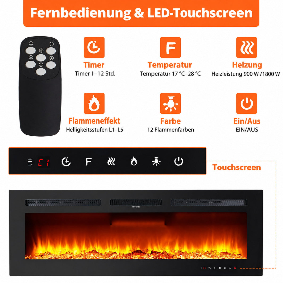 Garvee 152cm Elektrokamin mit Heizung, 900W/1800W, 12 Flammenfarben, Fernbedienung & App, Wand-/Einbau-/Standkamin, Schwarz