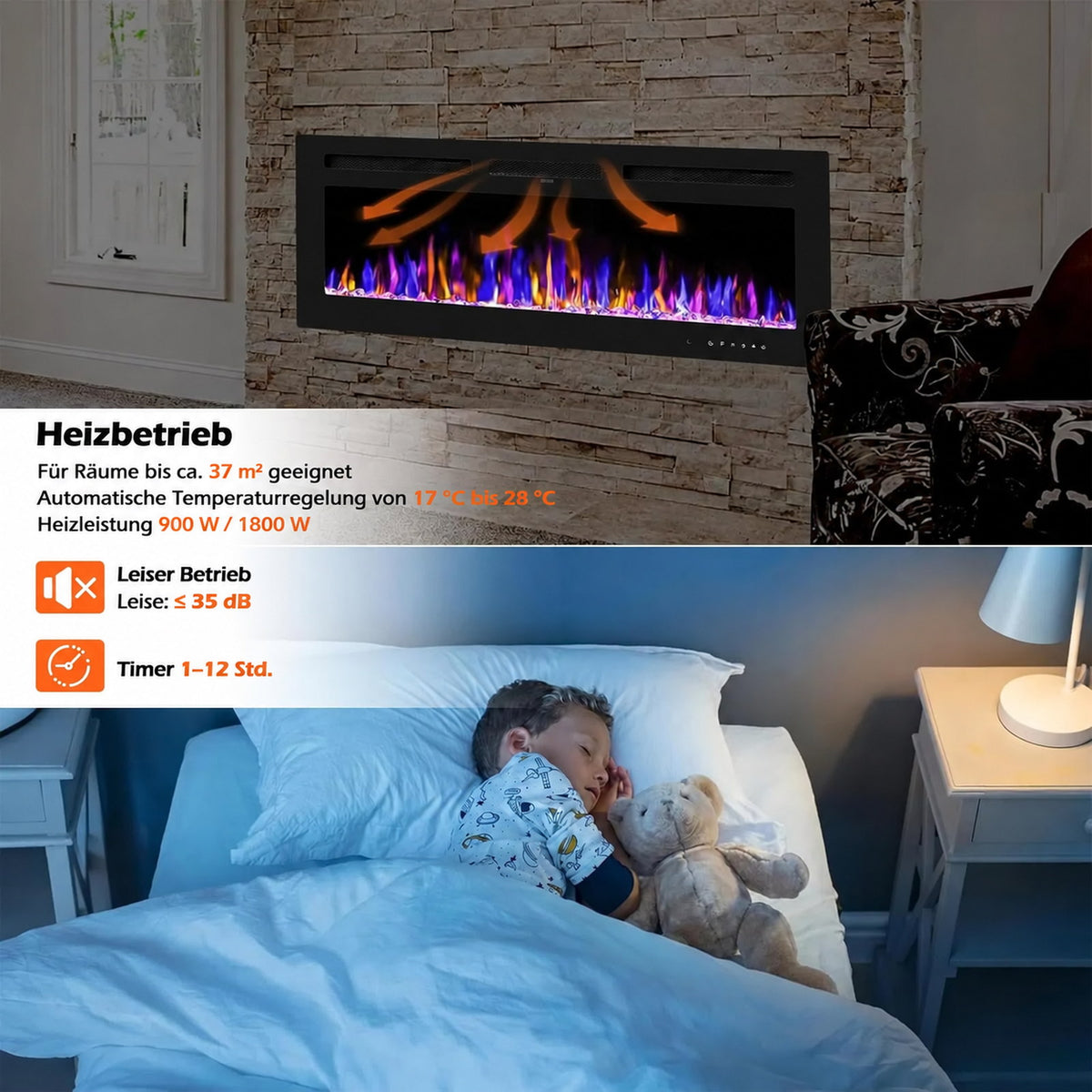 Garvee 152cm Elektrokamin mit Heizung, 900W/1800W, 12 Flammenfarben, Fernbedienung & App, Wand-/Einbau-/Standkamin, Schwarz