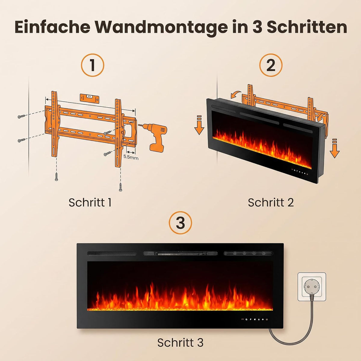 Garvee 127cm Elektrokamin mit Heizung, 900W/1800W, 12 Flammenfarben, Fernbedienung & App, Wand-/Einbau-/Standkamin, Schwarz