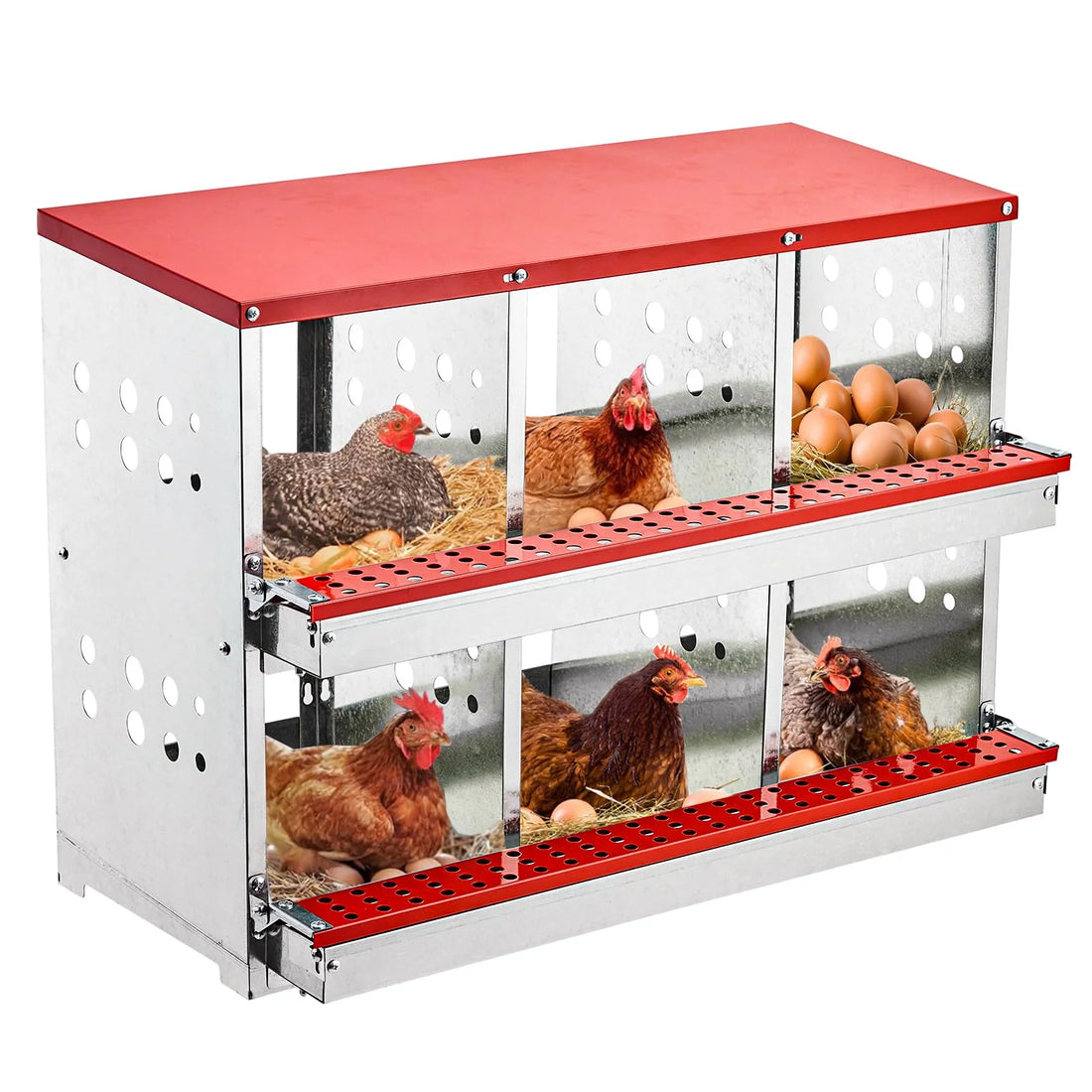 GARVEE 2-stöckiges Legenest für Hühner, 6 Fächer, Hühnernistkasten aus Metall mit Rollaway-System zur Sauberen Eiersammlung, Hühner Nistkasten mit Sitzstange für Hühner, Enten und Geflügel