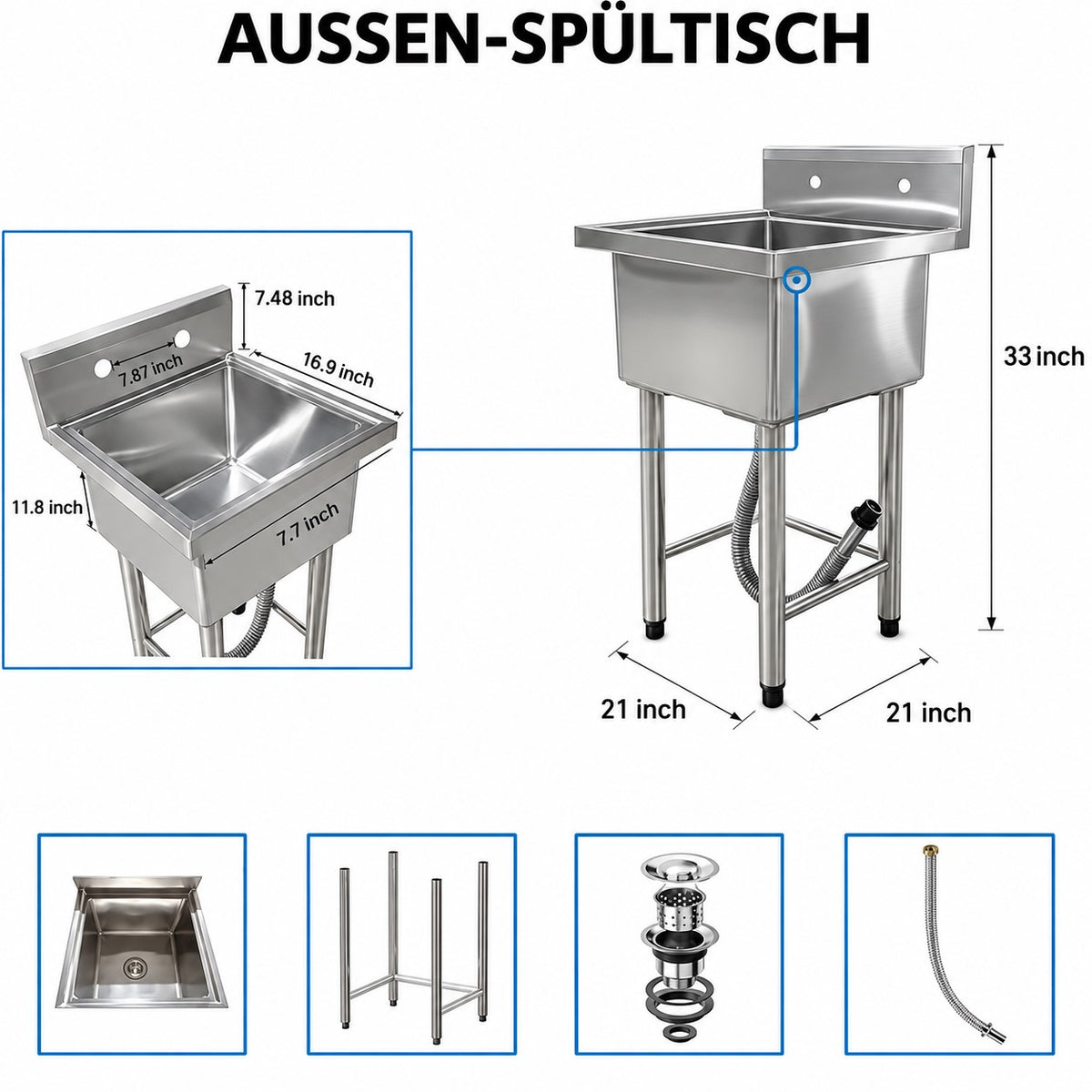 Garvee Spültisch Spülbecken Edelstahl (53 × 53 × 84 cm), Einzelbecken mit Arbeitsfläche & Werkzeughalter, freistehende Küchenspüle für Restaurant, Garage und Waschküche