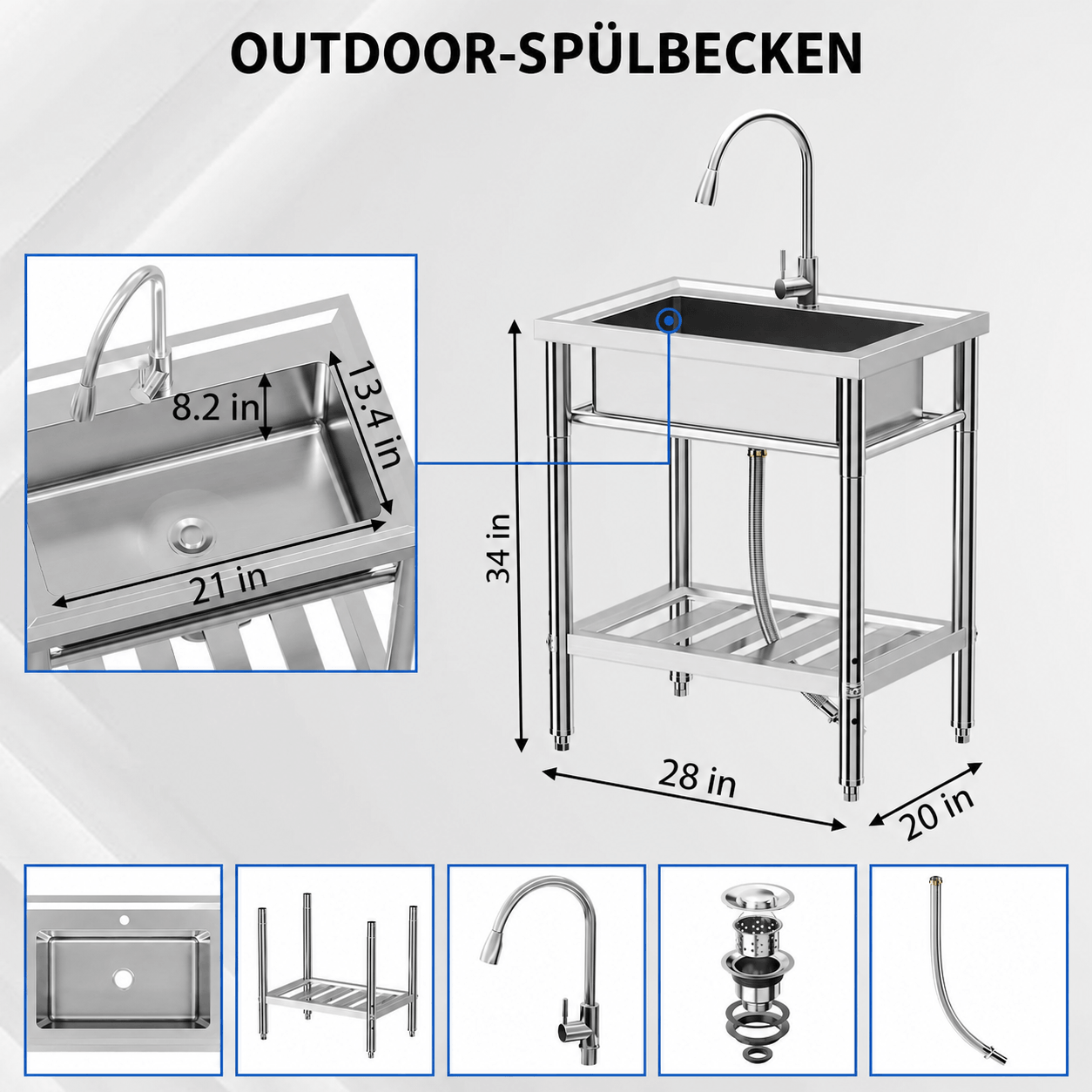 Garvee Gastro Spültisch Edelstahl 51 x 71 x 86 cm, 1 Becken, Auszieharmatur, freistehend