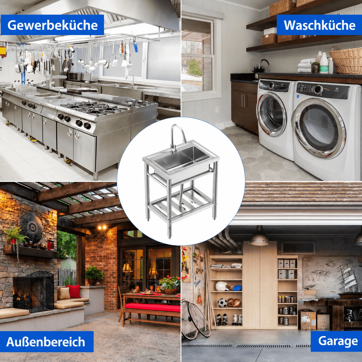 Garvee Gastro Spültisch Edelstahl 51 x 71 x 86 cm, 1 Becken, Auszieharmatur, freistehend