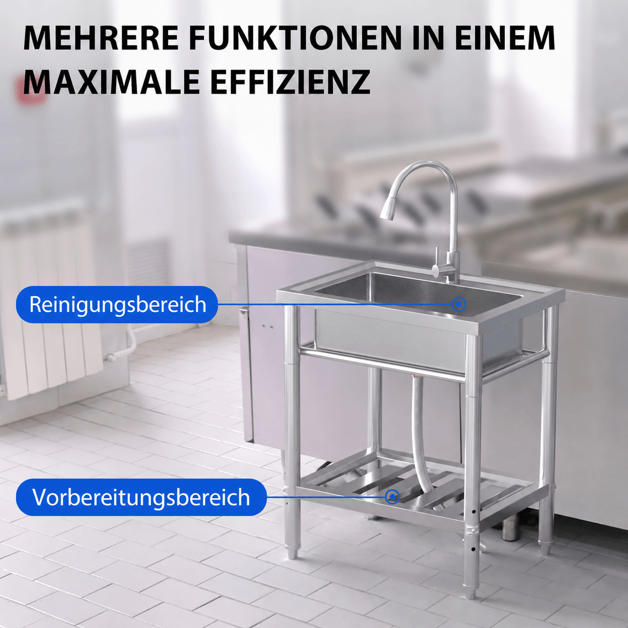 Garvee Gastro Spültisch Edelstahl 51 x 71 x 86 cm, 1 Becken, Auszieharmatur, freistehend