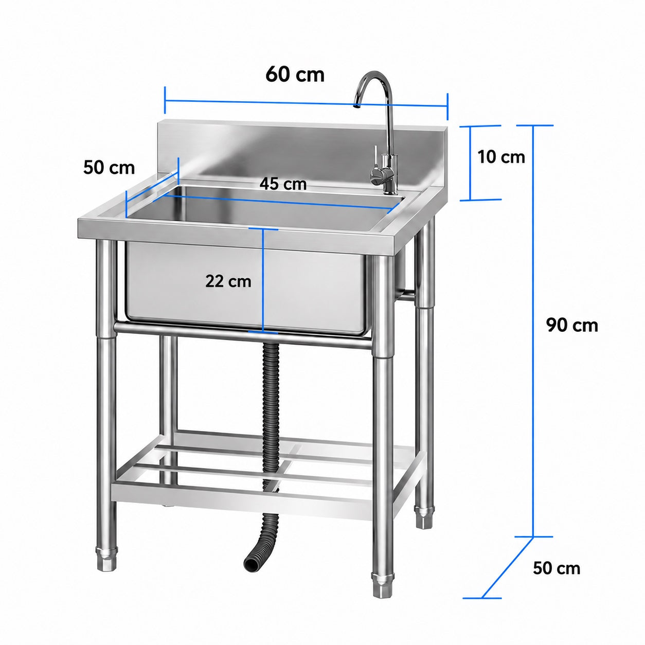 Garvee Spültisch Spülbecken Edelstahl (60 × 50 × 90 cm), Einzelbecken mit Armatur, Spritzschutz & Unterablage, Küchenspüle für Restaurant, Garage und Waschküche