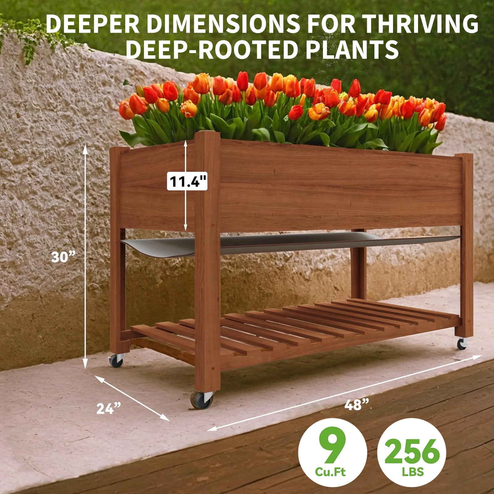 GARVEE Hochbeet Holz 122 × 61 cm mit Beinen, Erhöhtes Pflanzbeet mit Rollen, Tiefes Gemüse- & Kräuterbeet für Garten, Terrasse & Balkon, Braun