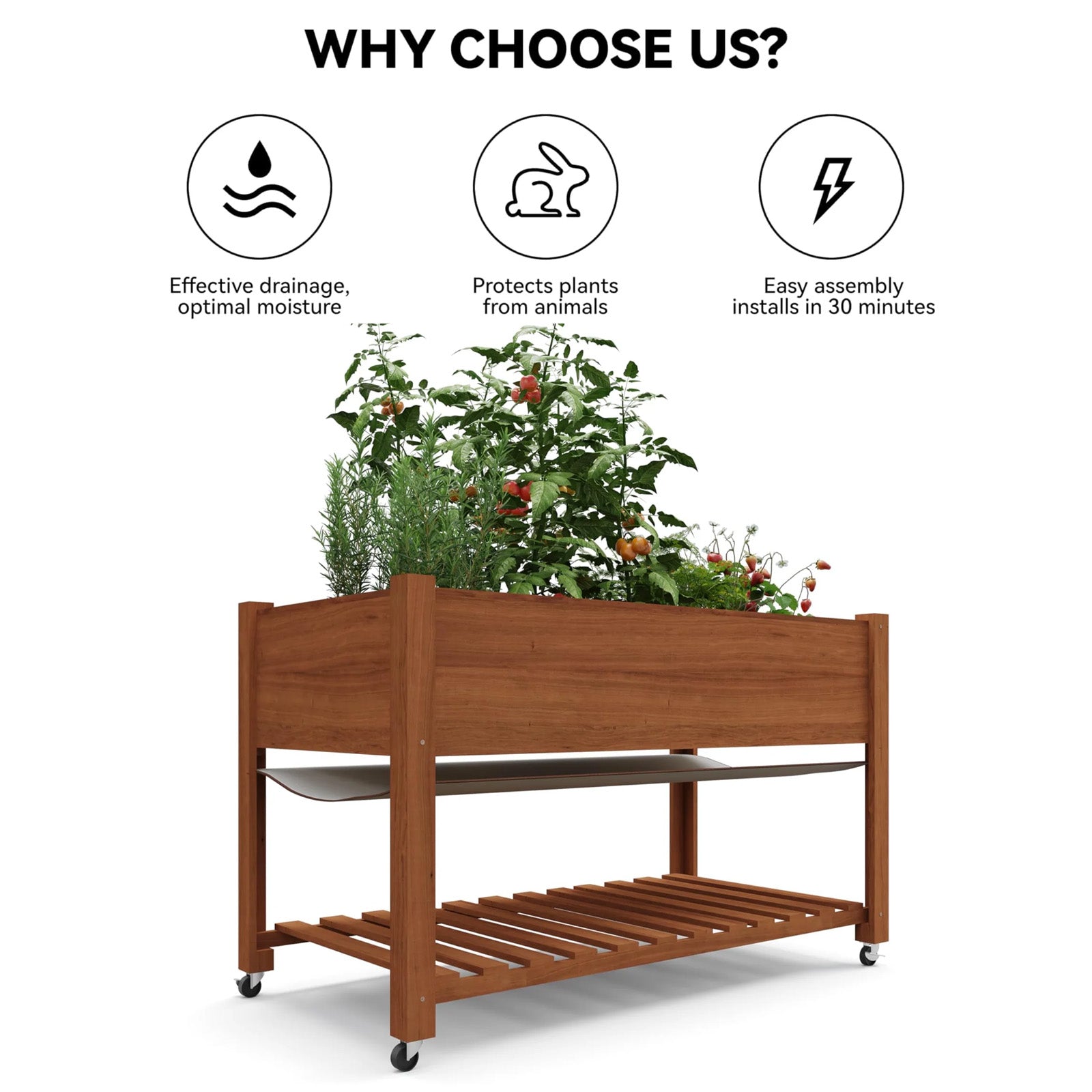 GARVEE Hochbeet Holz 122 × 61 cm mit Beinen, Erhöhtes Pflanzbeet mit Rollen, Tiefes Gemüse- & Kräuterbeet für Garten, Terrasse & Balkon, Braun