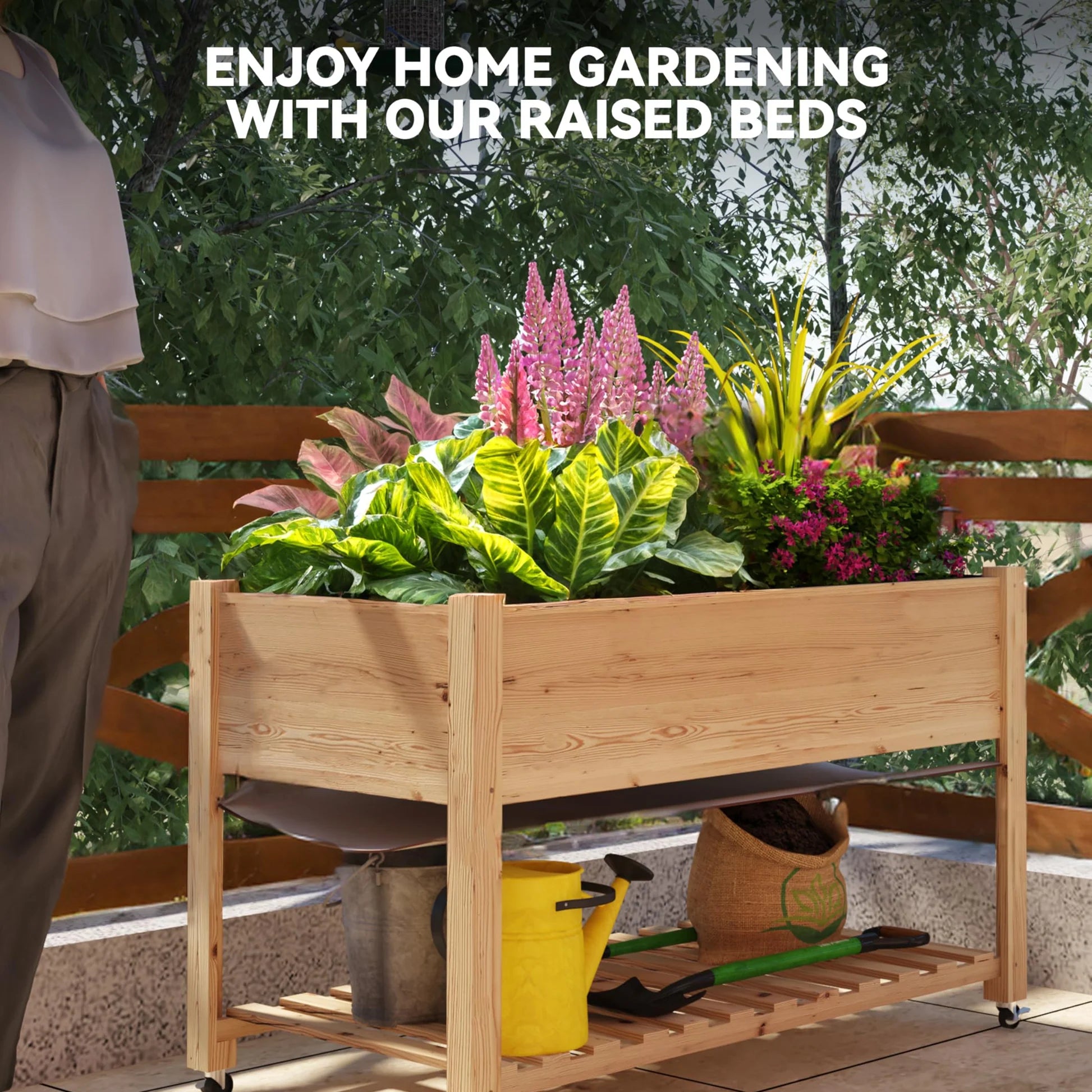 GARVEE Hochbeet Holz 122 × 61 cm mit Beinen, Erhöhtes Pflanzbeet mit Rollen, Tiefes Gemüse- & Kräuterbeet für Garten, Terrasse & Balkon, Naturholz