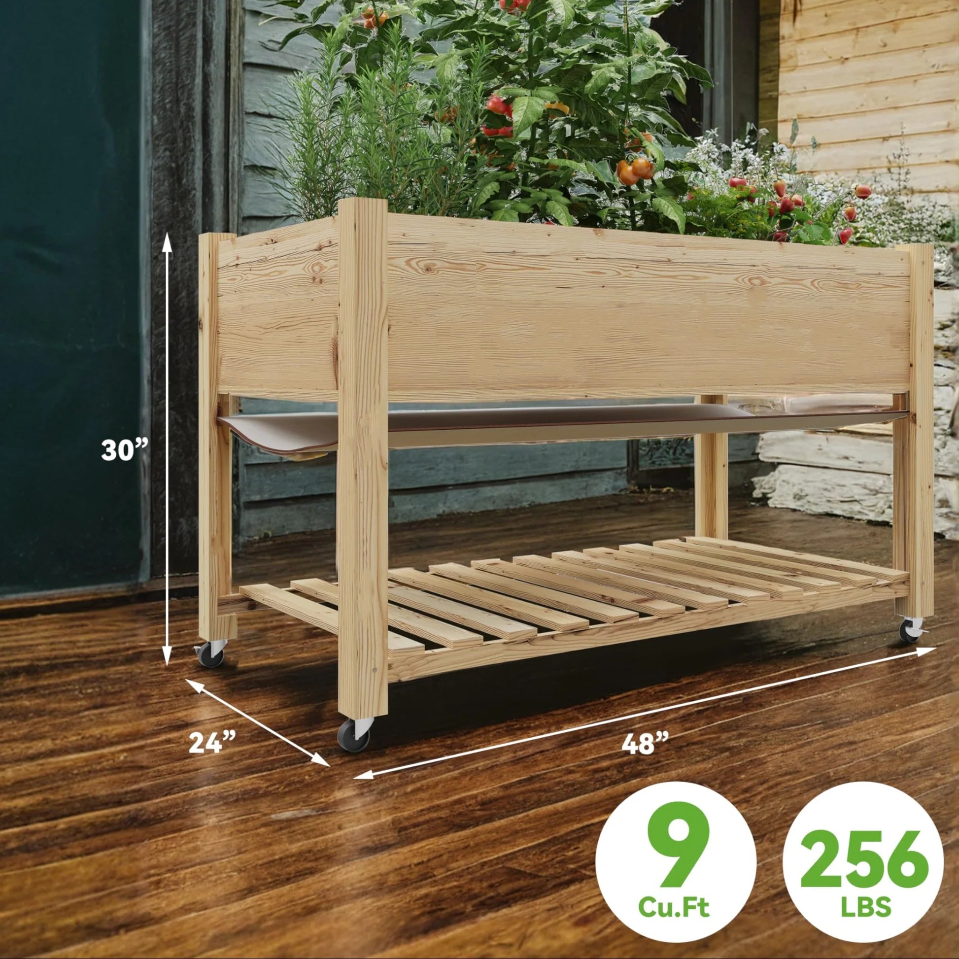 GARVEE Hochbeet Holz 122 × 61 cm mit Beinen, Erhöhtes Pflanzbeet mit Rollen, Tiefes Gemüse- & Kräuterbeet für Garten, Terrasse & Balkon, Naturholz