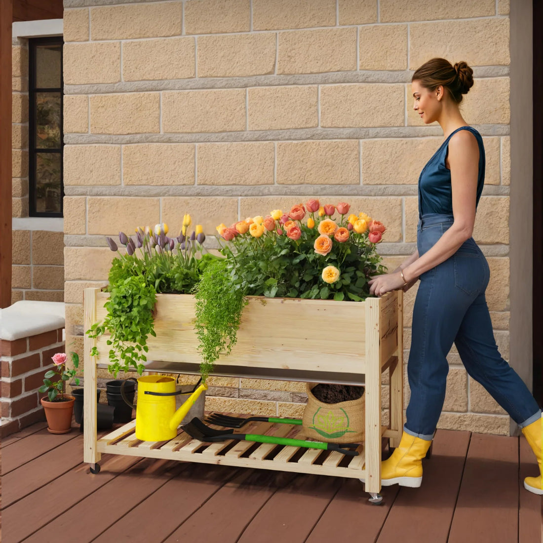 GARVEE Hochbeet Holz 122 × 61 cm mit Beinen, Erhöhtes Pflanzbeet mit Rollen, Tiefes Gemüse- & Kräuterbeet für Garten, Terrasse & Balkon, Naturholz