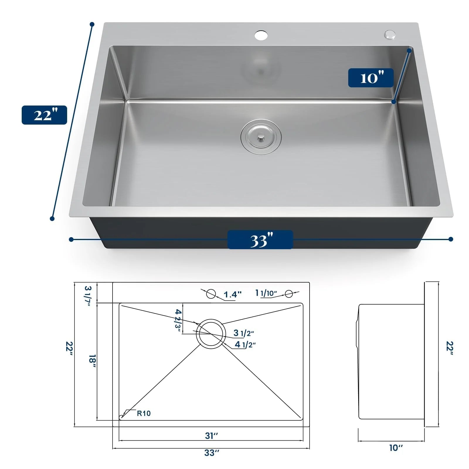 Garvee Edelstahl-Einbauspüle 84 x 56 cm, 1 Becken 25 cm tief, Zubehörset, für Küche & Bar