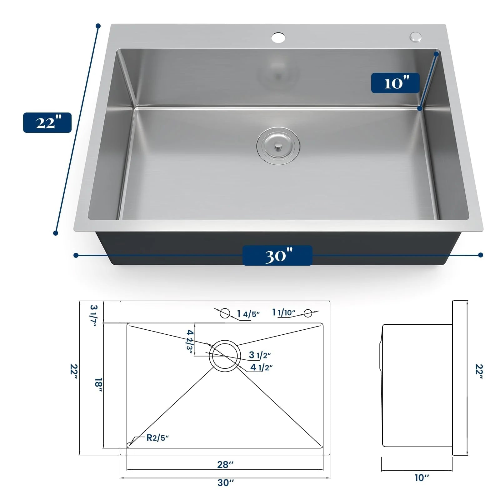 Garvee Edelstahl-Einbauspüle 76 x 56 cm, 1 Becken 25 cm tief, Zubehörset, für Küche & Bar