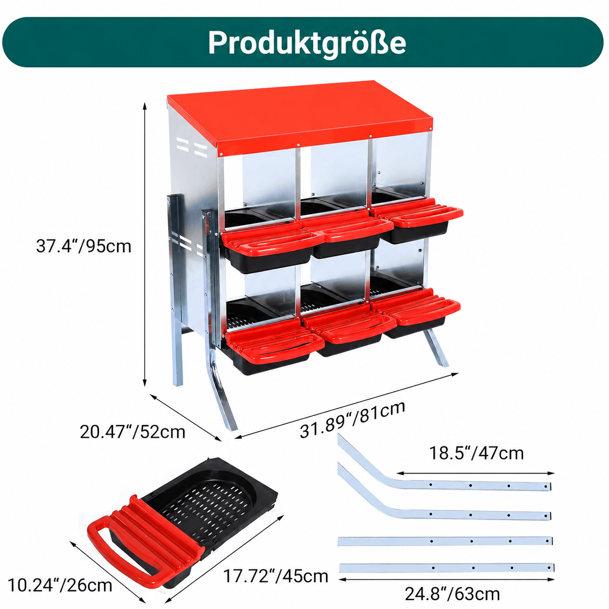 Garvee 2-stöckiges Legenest für Hühner, 6 Fächer, Hühnernistkasten aus verzinktem Stahl mit Stützbeinen & herausnehmbarer Auffangschale, Abrollnest für bis zu 12 Hennen, Rot