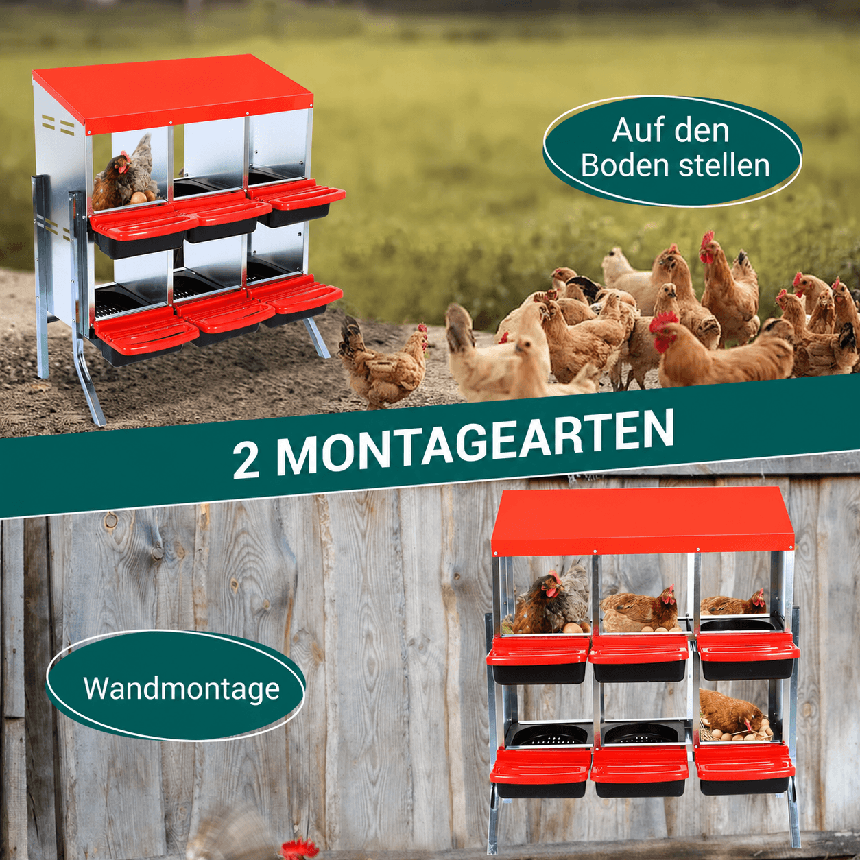 Garvee 2-stöckiges Legenest für Hühner, 6 Fächer, Hühnernistkasten aus verzinktem Stahl mit Stützbeinen & herausnehmbarer Auffangschale, Abrollnest für bis zu 12 Hennen, Rot