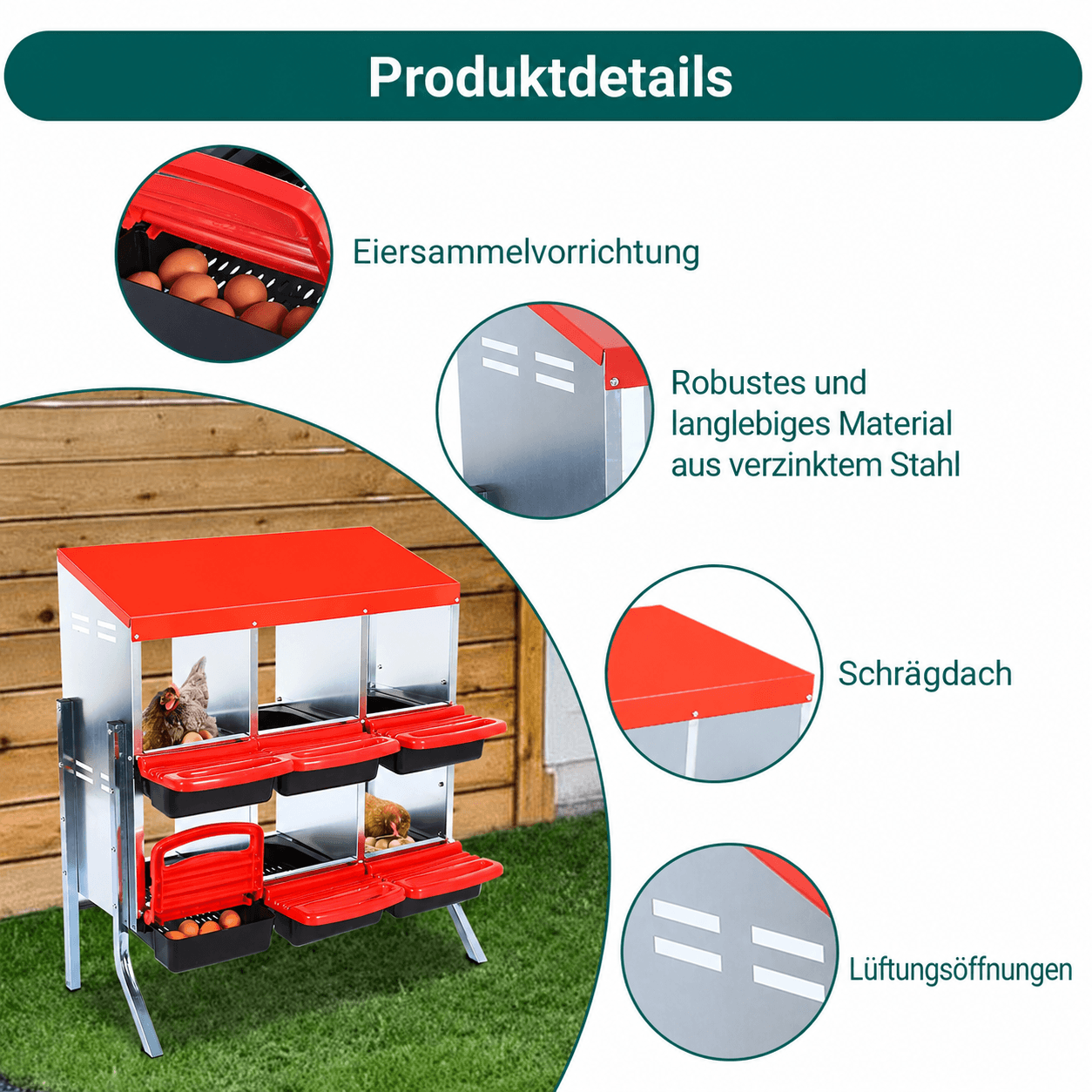 Garvee 2-stöckiges Legenest für Hühner, 6 Fächer, Hühnernistkasten aus verzinktem Stahl mit Stützbeinen & herausnehmbarer Auffangschale, Abrollnest für bis zu 12 Hennen, Rot