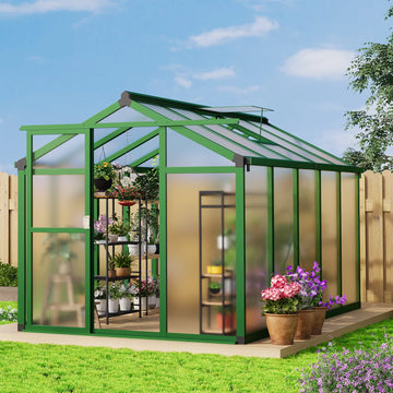GARVEE Begehbares Aluminium Gewächshaus 183 × 305 cm, Gartengewächshaus mit Dachfenster, Verstellbarer Belüftung und Abschließbarer Tür, Windfest, Grün