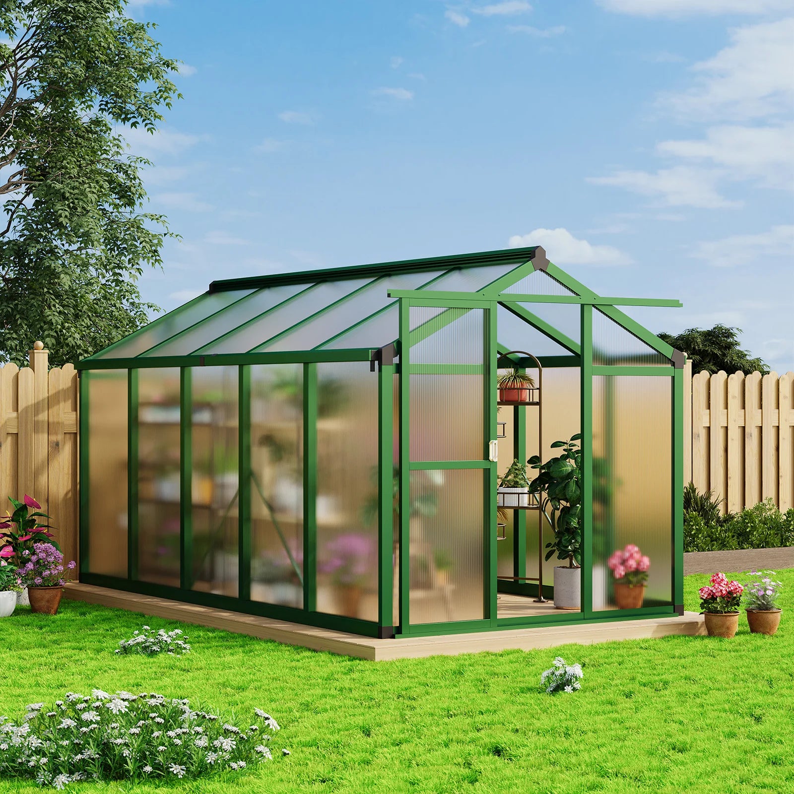 GARVEE Begehbares Aluminium Gewächshaus 183 × 305 cm, Gartengewächshaus mit Dachfenster, Verstellbarer Belüftung und Abschließbarer Tür, Windfest, Grün