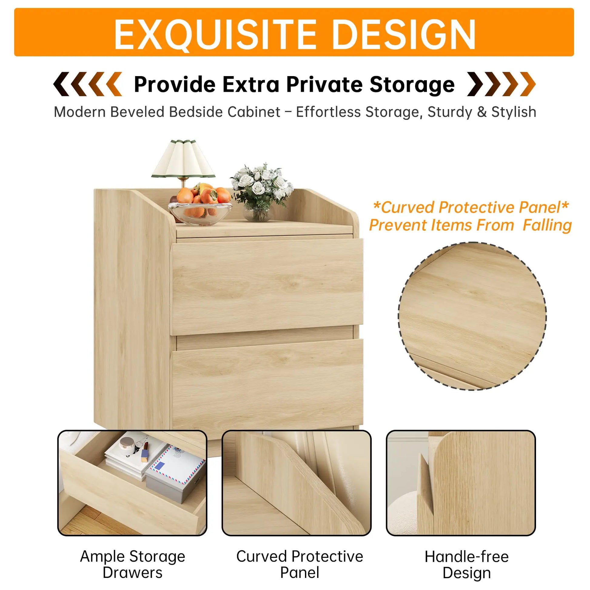 GARVEE Nachttisch ohne Griffe mit 2 Schubladen, Modernes Design aus Hellem Holz, Großer Stauraum für Schlafzimmer, Einfache Montage