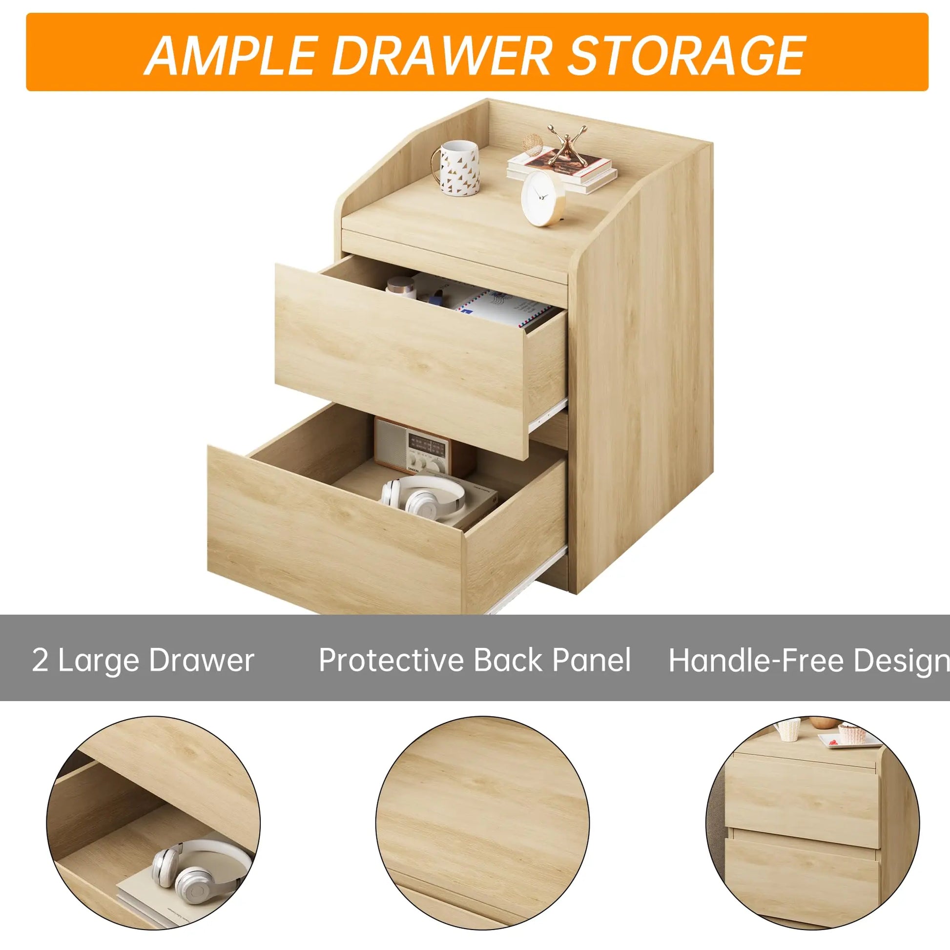 GARVEE Nachttisch ohne Griffe mit 2 Schubladen, Modernes Design aus Hellem Holz, Großer Stauraum für Schlafzimmer, Einfache Montage