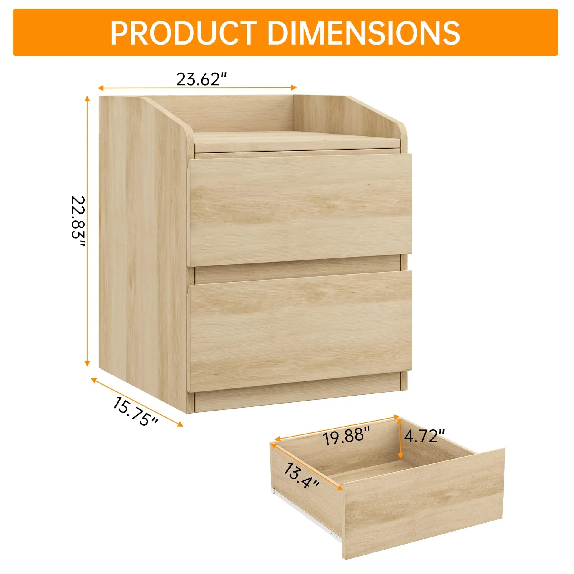 GARVEE Nachttisch ohne Griffe mit 2 Schubladen, Modernes Design aus Hellem Holz, Großer Stauraum für Schlafzimmer, Einfache Montage