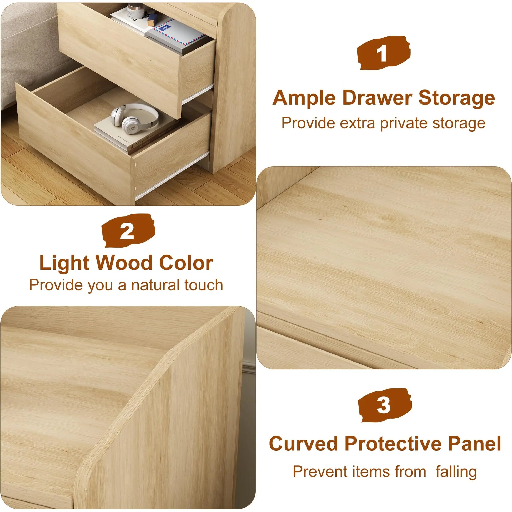 GARVEE Nachttisch ohne Griffe mit 2 Schubladen, Modernes Design aus Hellem Holz, Großer Stauraum für Schlafzimmer, Einfache Montage
