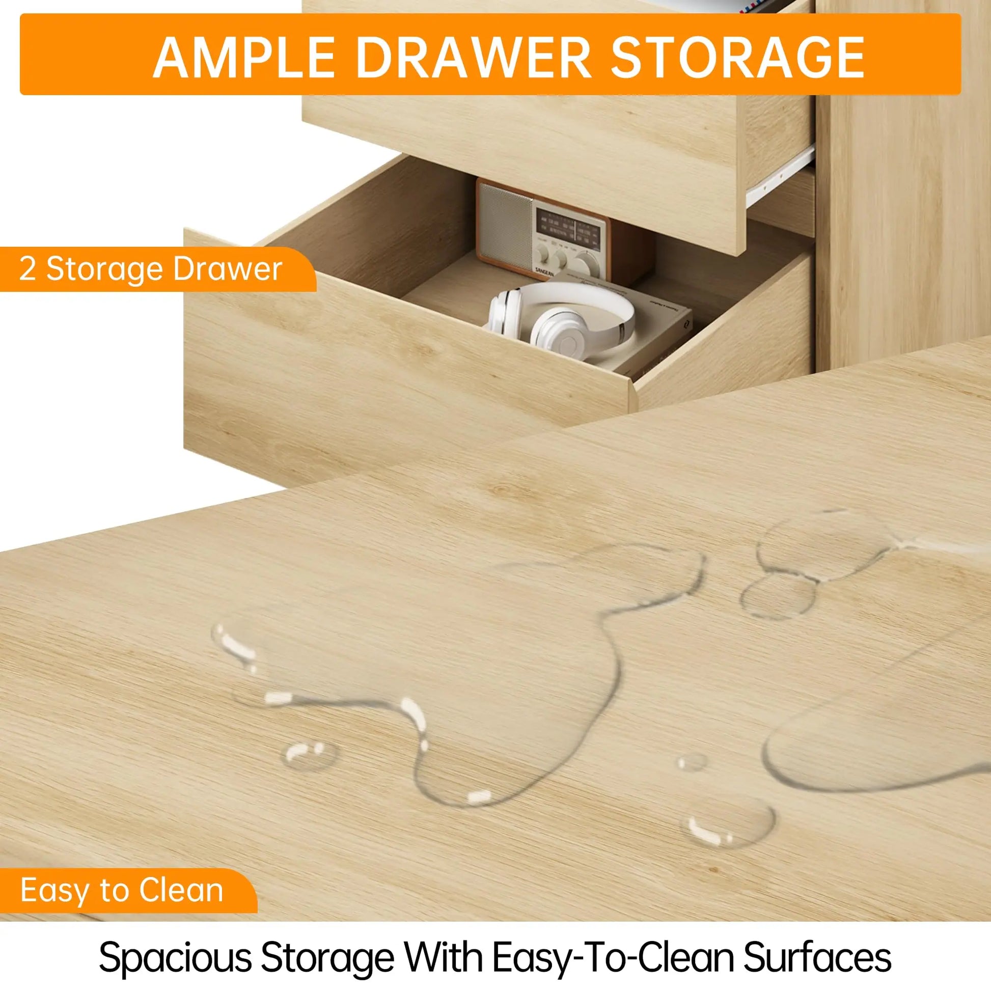 GARVEE Nachttisch ohne Griffe mit 2 Schubladen, Modernes Design aus Hellem Holz, Großer Stauraum für Schlafzimmer, Einfache Montage