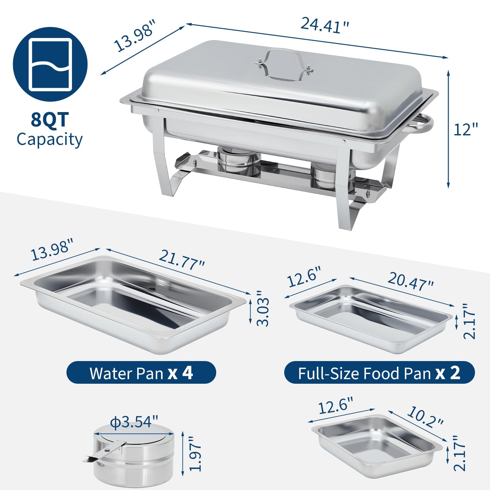 GARVEE Chafing Dish 4er Set, 8QT Edelstahl Warmhaltebehälter mit Klappbarem Rahmen, Buffetwärmer für Catering, Hochzeit und Veranstaltungen, Silber