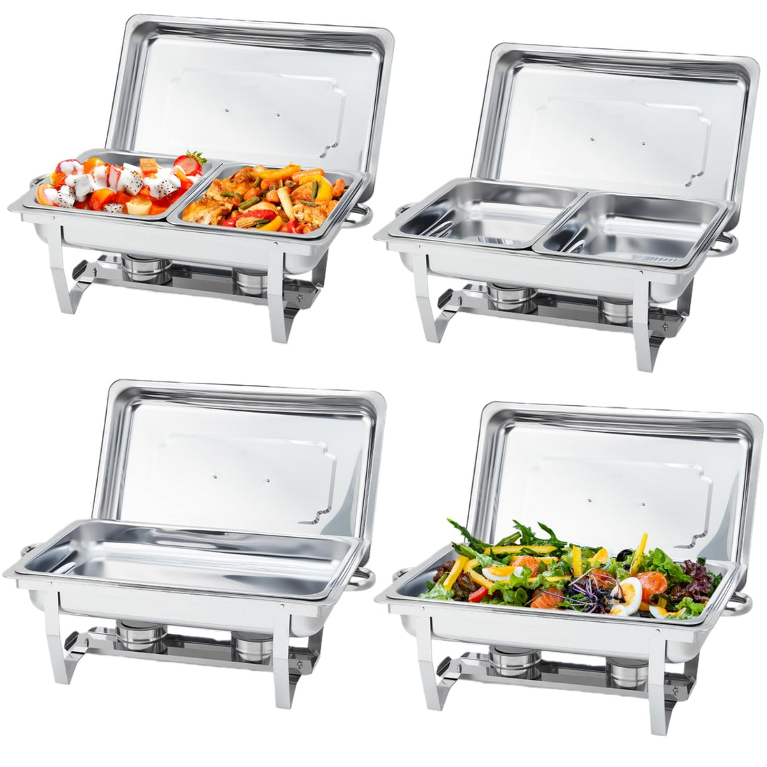Garvee Chafing Dish 4er-Set 7,6 L aus Edelstahl, rechteckig mit klappbarem Gestell, Buffet-Speisenwärmer für Catering und Hochzeiten, Silber