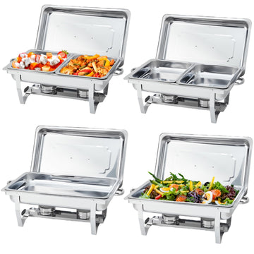 GARVEE Chafing Dish 4er Set, 8QT Edelstahl Warmhaltebehälter mit Klappbarem Rahmen, Buffetwärmer für Catering, Hochzeit und Veranstaltungen, Silber