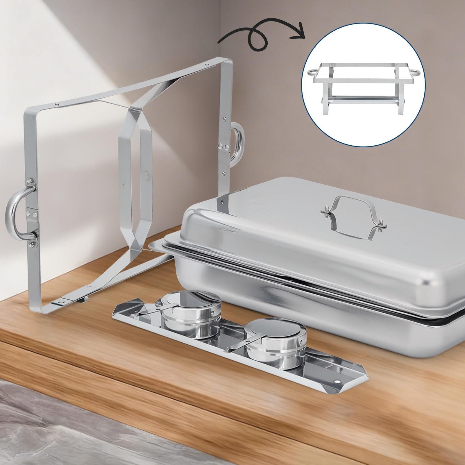 GARVEE Chafing Dish 4er Set, 8QT Edelstahl Warmhaltebehälter mit Klappbarem Rahmen, Buffetwärmer für Catering, Hochzeit und Veranstaltungen, Silber