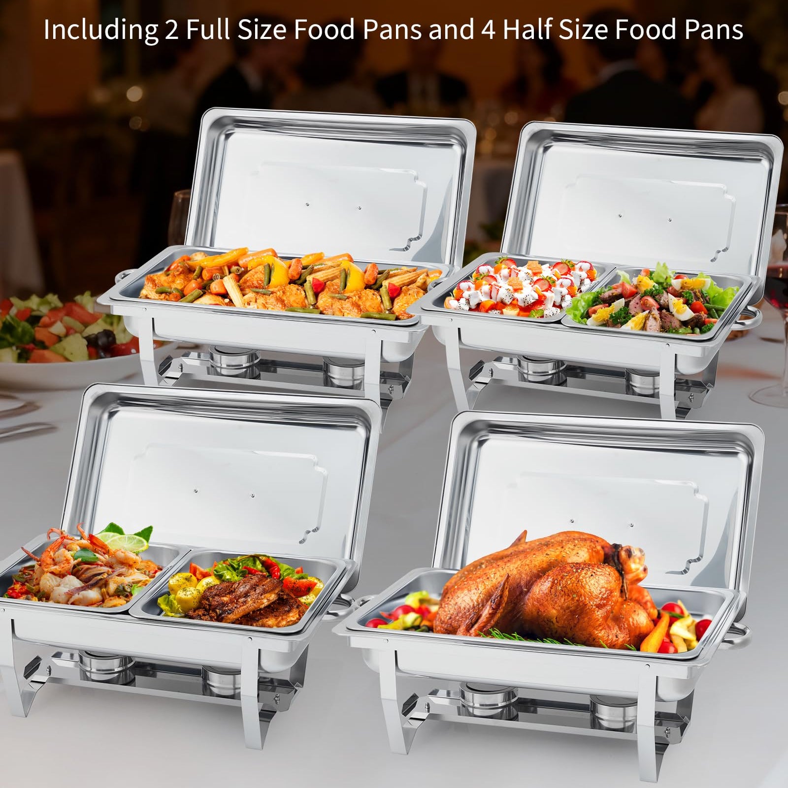 GARVEE Chafing Dish 4er Set, 8QT Edelstahl Warmhaltebehälter mit Klappbarem Rahmen, Buffetwärmer für Catering, Hochzeit und Veranstaltungen, Silber