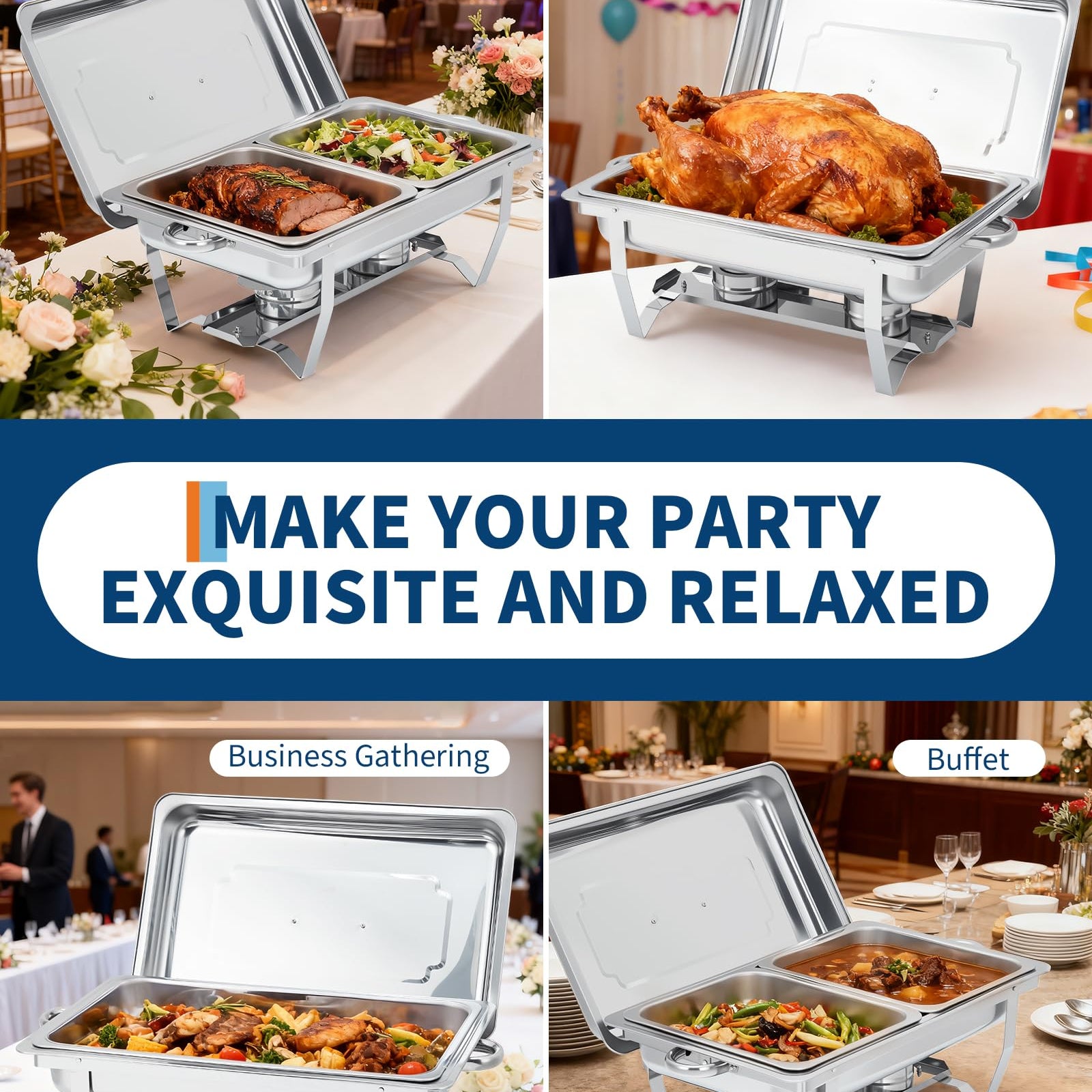 GARVEE Chafing Dish 4er Set, 8QT Edelstahl Warmhaltebehälter mit Klappbarem Rahmen, Buffetwärmer für Catering, Hochzeit und Veranstaltungen, Silber