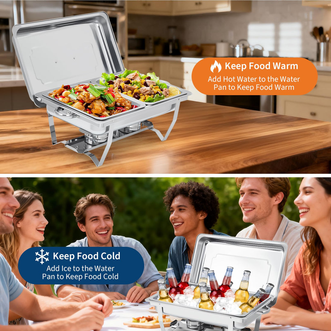 Garvee Chafing Dish 4er-Set 7,6 L aus Edelstahl, rechteckig mit klappbarem Gestell, Buffet-Speisenwärmer für Catering und Hochzeiten, Silber