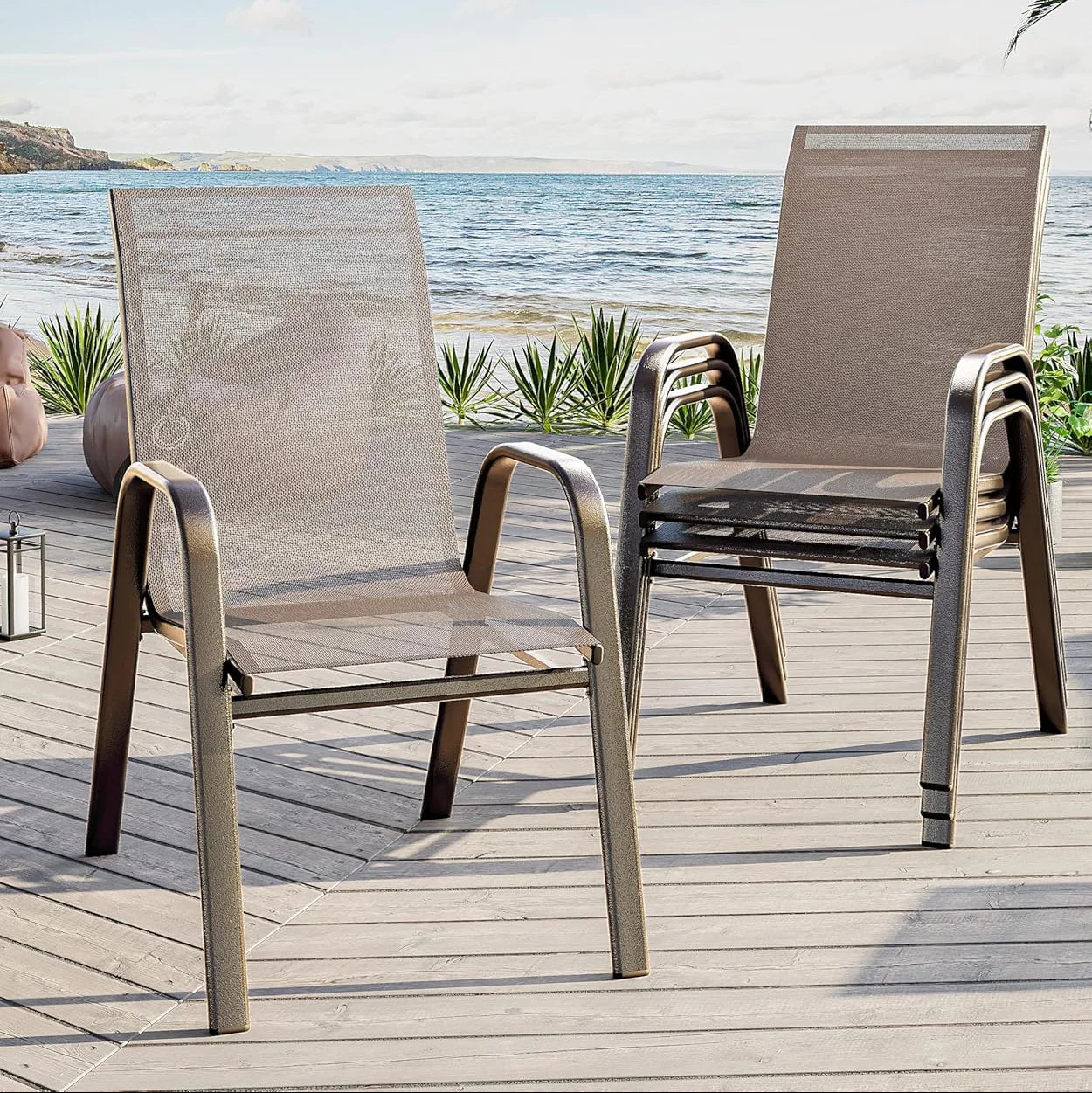 Garvee Stapelstühle Outdoor Set 4, Metallrahmen, Textilene, Atmungsaktiv, Für Garten & Terrasse, Grau