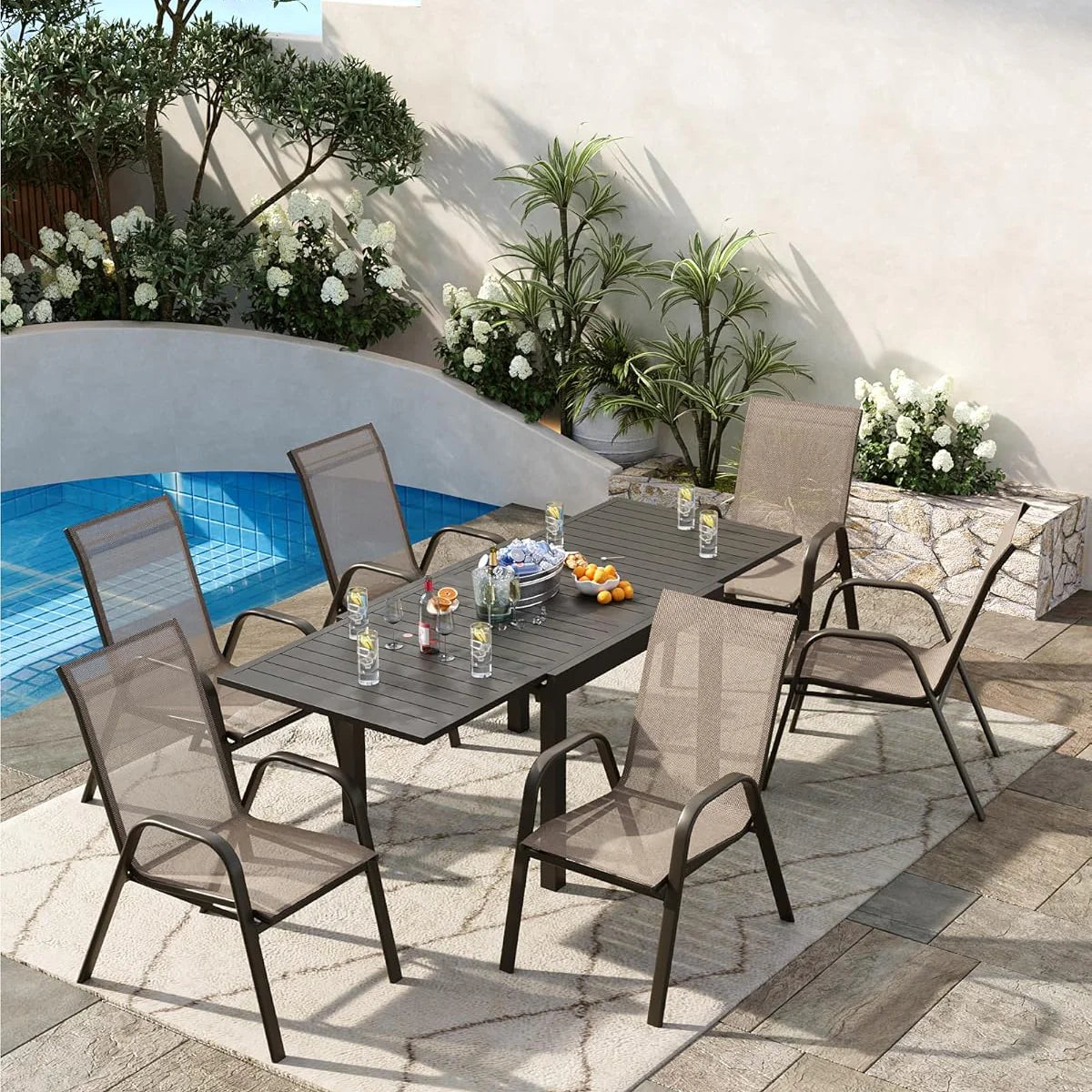 Garvee Stapelstühle Outdoor Set 4, Metallrahmen, Textilene, Atmungsaktiv, Für Garten & Terrasse, Grau