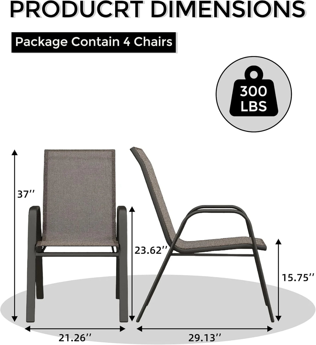 Garvee Stapelstühle Outdoor Set 4, Metallrahmen, Textilene, Atmungsaktiv, Für Garten & Terrasse, Grau