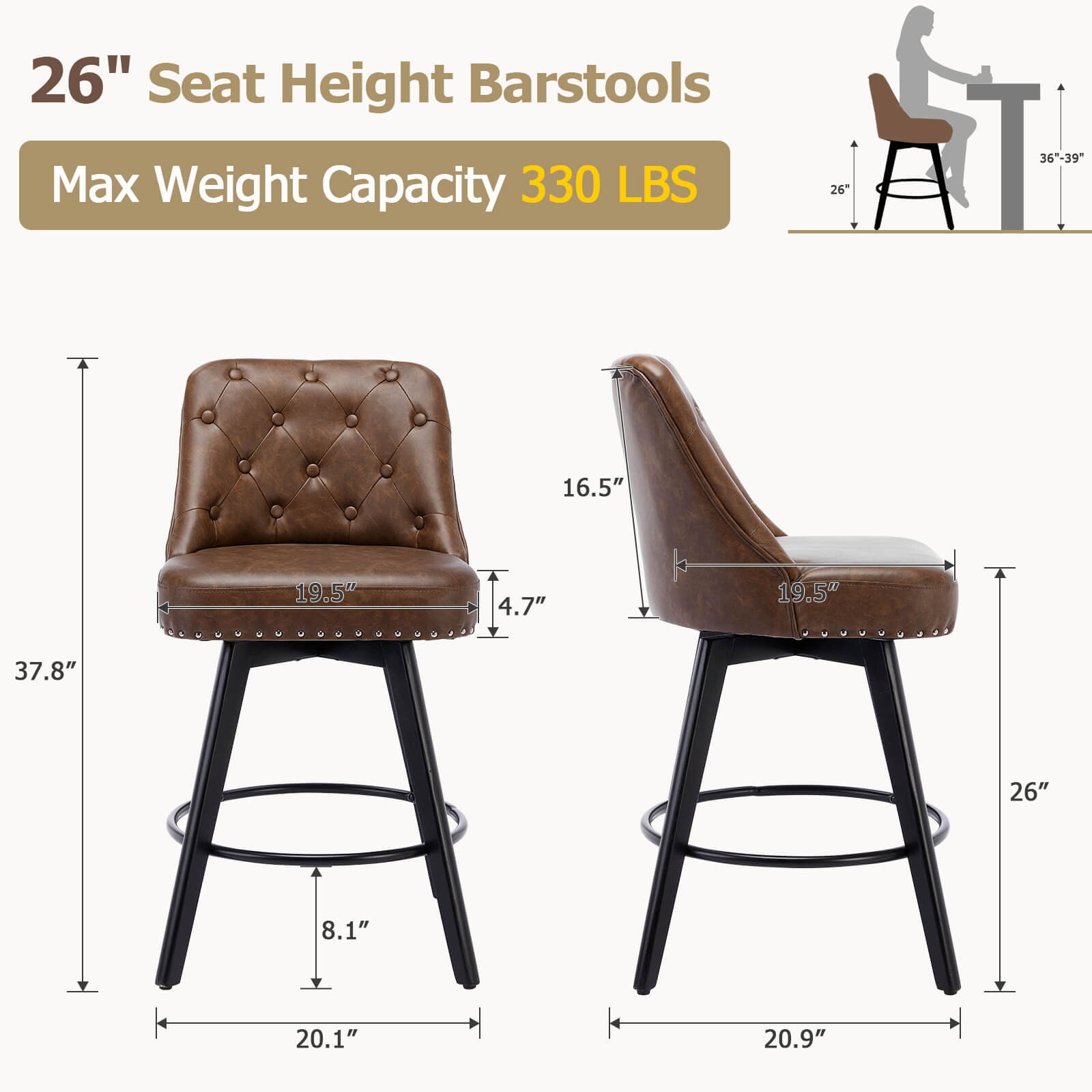 Garvee Barhocker Set 2, 360° Drehbar, Gepolstert, Massivholzbeine, Knopfheftung & Nieten, Leder Braun, Kücheninsel & Heimbar