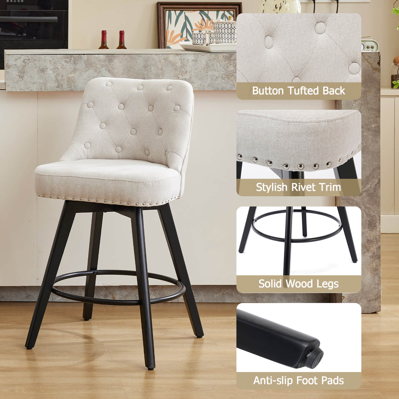 Garvee Drehbare moderne Barhocker mit gepolsterter Rückenlehne, Holzbeinen, Beige, 26 Zoll, für Küche und Bar zu Hause