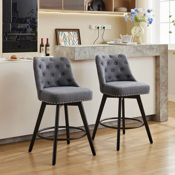 Garvee Moderne Drehbare Barhocker Mit Rückenlehne, 26" Sitzhöhe, Leinenstoff, Holzbeine, Gepolstert Für Kücheninsel Und Bar, Schwarz