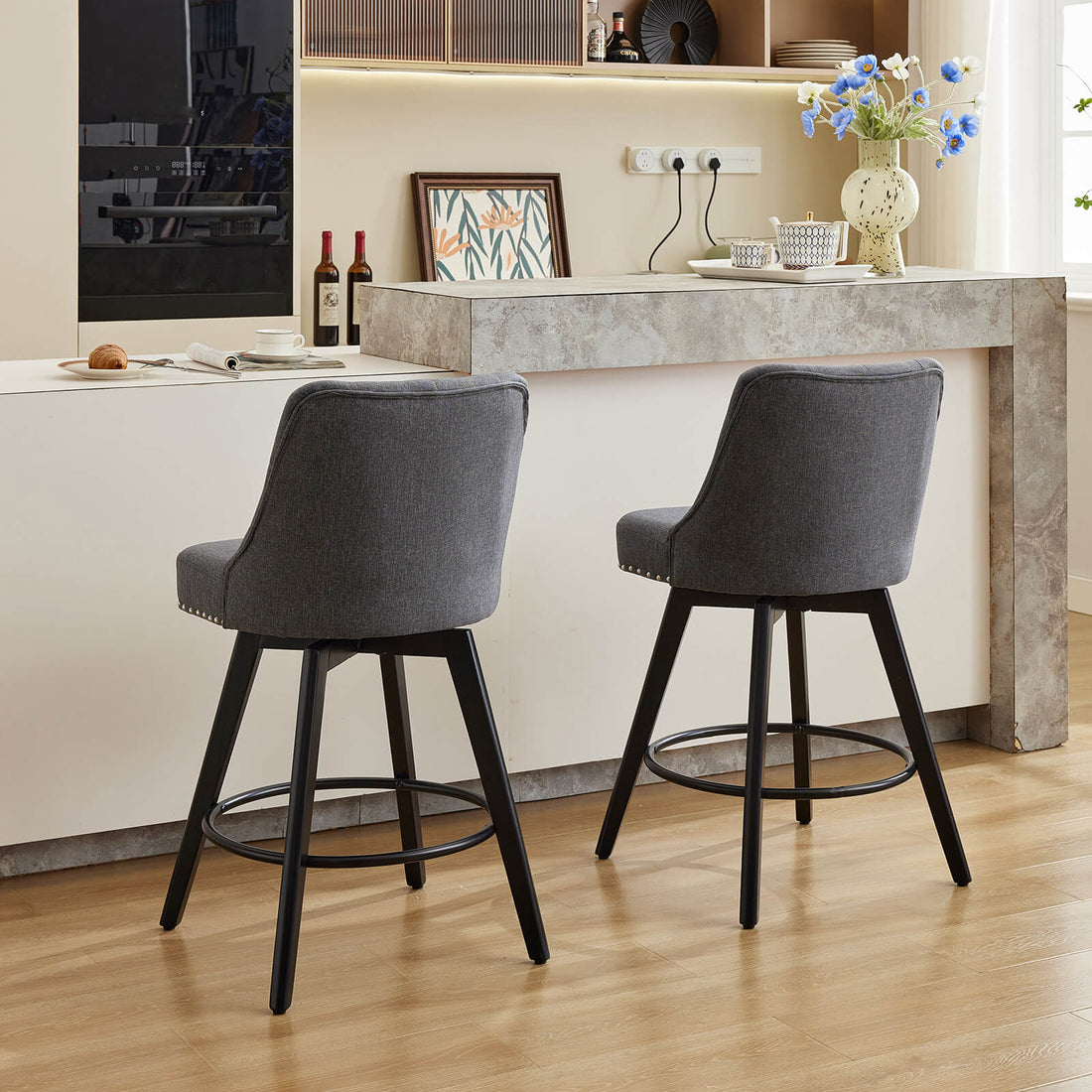 Garvee Moderne Drehbare Barhocker Mit Rückenlehne, 26" Sitzhöhe, Leinenstoff, Holzbeine, Gepolstert Für Kücheninsel Und Bar, Schwarz