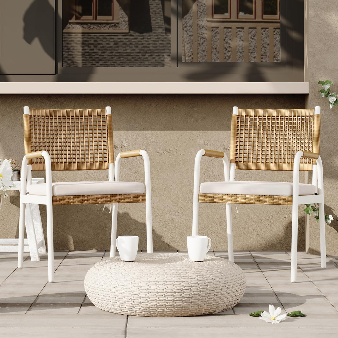 Garvee Rattan Stühle Set 2, Metallrahmen, Wetterfest, Pflegeleicht, Für Balkon & Garten